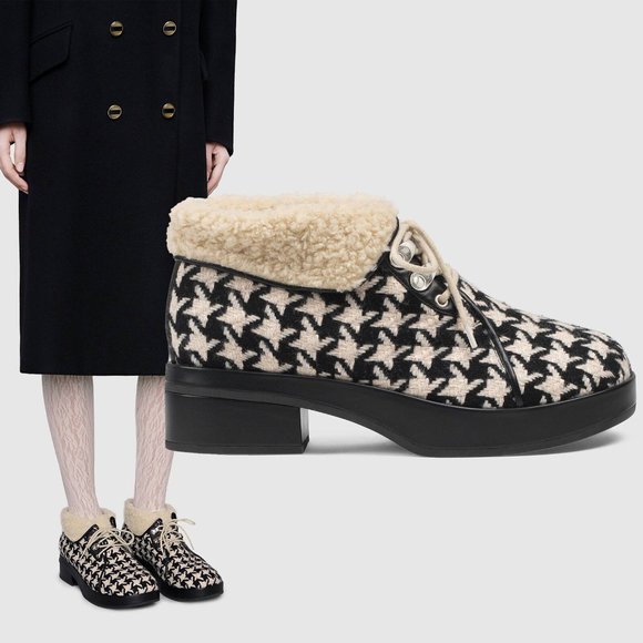 Gucci Shoes - GUCCI Shearling Houndstooth Lace Up Ankle Boots Black White